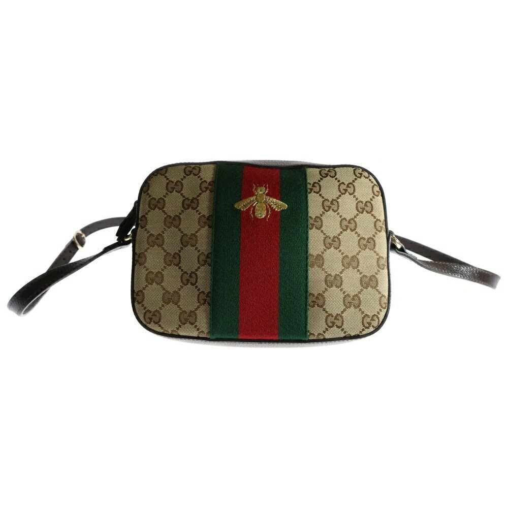 GUCCI GG Canvas Sherry Bee Leather Shoulder Bag Beige Brown